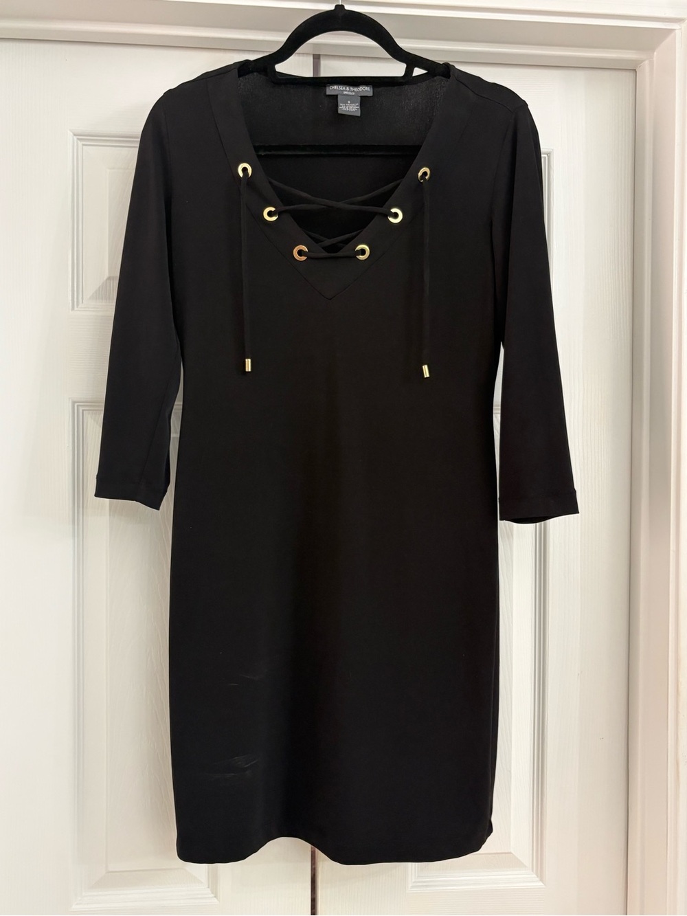 Chelsea & Theodore Black Lace-Up Midi Dress with Gold Eyelets